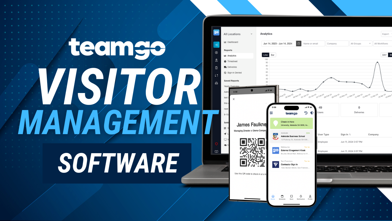 Teamgo Visitor Management Software with visuals of the kiosk app